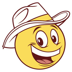 Bright yellow vector emoji of a smiling face wearing a classic cowboy hat. Represents a cowboy, western themes, country style, or a 'yeehaw' sentiment.