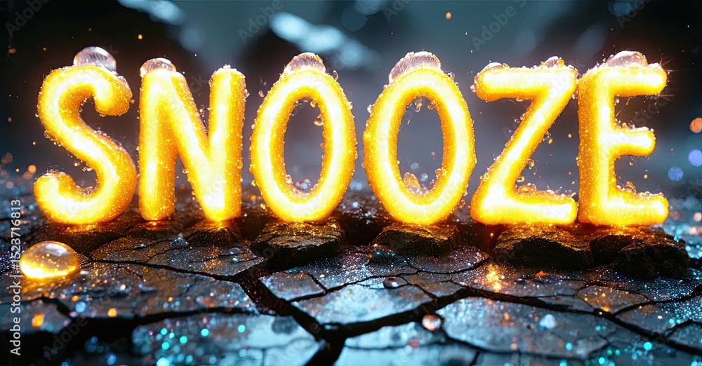 Aufkleber Glowing text spells SNOOZE over cracked ground. Wet surface reflects light, creating dramatic visual effect. Dark background enhances brightness.