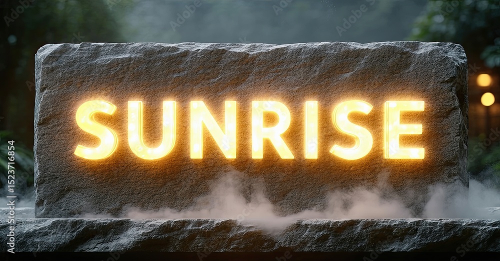 Poster stone block displays sunrise text. glowing letters emanate warmth. fog surrounds base, dark backgrou