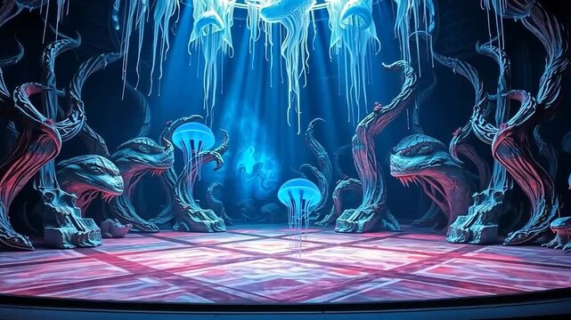 Enchanted Underwater Stage Design: A mesmerizing theatrical set design featuring bioluminescent jellyfish and mystical underwater forest