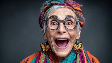 Elderly woman with vibrant scarf and colorful clothing, wearing large glasses, joyfully expressing happiness with a wide smile, showcasing her lively personality and unique sense of style in a close-u