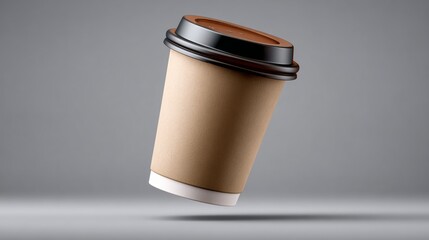 Coffee cup mock up floating in mid-air against a soft gray background, showcasing a minimalist design with a black lid and a smooth, textured surface for branding and advertising purposes