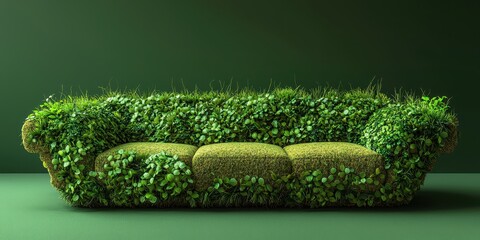 Fototapeta premium A couch made from living plants, set against a green background, symbolizing eco-design and nature-inspired innovation.