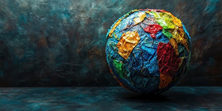 A globe engulfed by colored plastic waste, representing the global issue of pollution and environmental degradation.