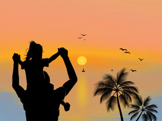 silhouette of a father and daughter on the beach at sunset