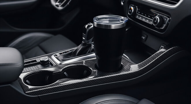 Insulated travel tumbler in carbon fiber car cup holder interior