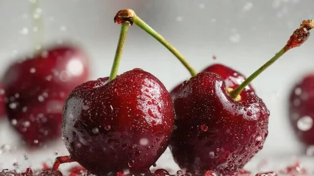 Close-up of fresh red cherries with water droplets falling from above, juicy and glistening in slow motion, perfect for summer fruit, freshness, healthy eating and food commercials, AI generated