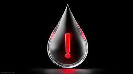 Fototapeta premium Transparent water droplet with a glowing red exclamation mark inside, set against a dark background, symbolizing urgency and alertness in a visually striking and modern design