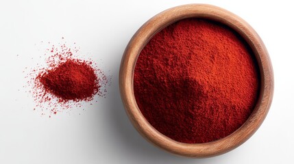 Vibrant red spice powder in a wooden bowl, with a small heap of loose powder beside it, showcasing rich color and texture, ideal for culinary use and food photography