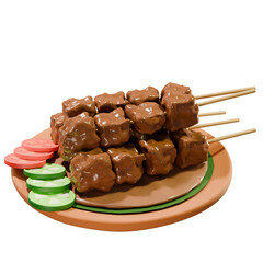 3D illustration of Indonesian satay with grilled tofu skewers coated in a glossy brown sauce, served on a plate with fresh vegetables.
