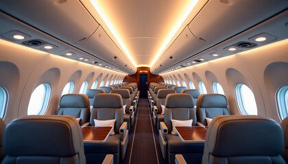 Fototapeta premium Luxury airplane cabin interior with empty leather seats