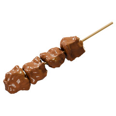 3D illustration of Indonesian satay, featuring grilled tofu skewers coated in a glossy brown sauce. A delicious and savory snack.