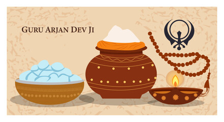 Guru Arjan Dev Ji Commemoration Vector Banner Set - Sikh Religious Graphics with Diyas, Lotus & Khanda-01