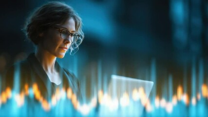 Businesswoman working on laptop with animated financial charts and glowing data bars moving dynamically in background, symbolizing analytics, AI, fintech, innovation and modern technology, AI generate - Powered by Adobe