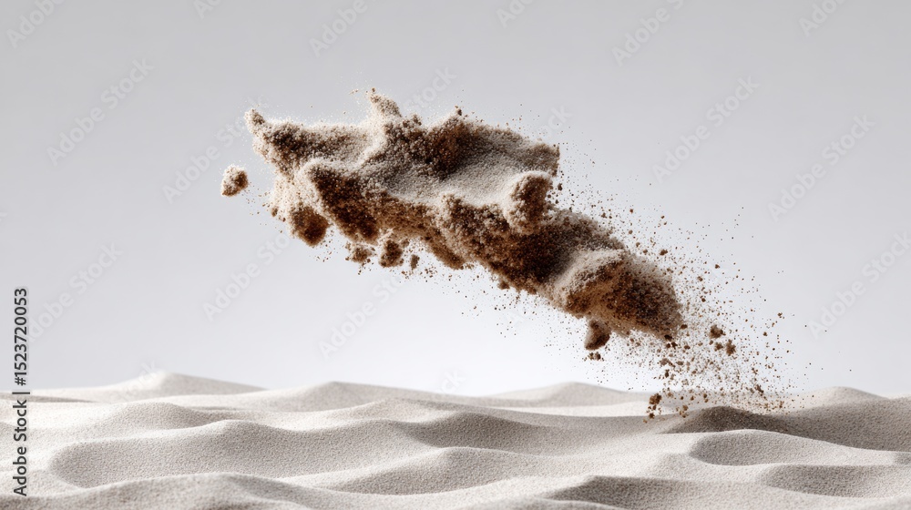 Poster dynamic sand particles suspended in mid-air, creating an abstract shape against a soft gradient back