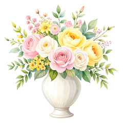 Obraz premium Pastel roses and wildflowers in vase, isolated on transparent background, create a floral arrangement. Spring, love, decoration.