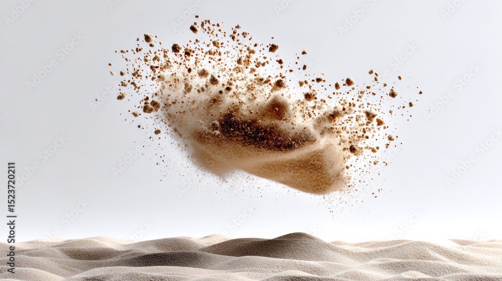 Poster dynamic explosion of sand particles suspended in mid-air, creating a dramatic visual effect against 
