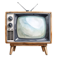 Watercolor illustration of retro television isolated on transparent background. Media, entertainment, vintage.