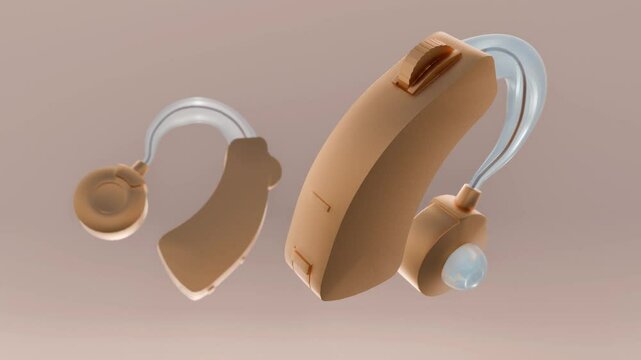 A 3d animation of pair of behind  the ear or BTE hearing aids, emphasizing the medical purpose of the device.
