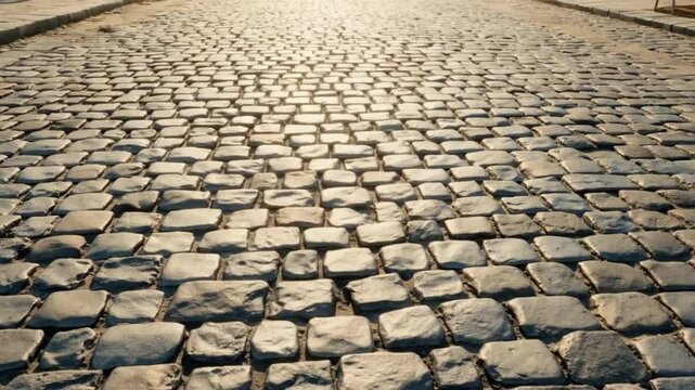 A cobblestone road surface with a repeating pattern of rectangular stones in a close up view background texture video