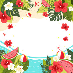 Tropical summer background frame with flowers, leaves, watermelon, beach ball, and sea. Colorful blank template for summer sale, invitation, or advertisement. Vector illustration.