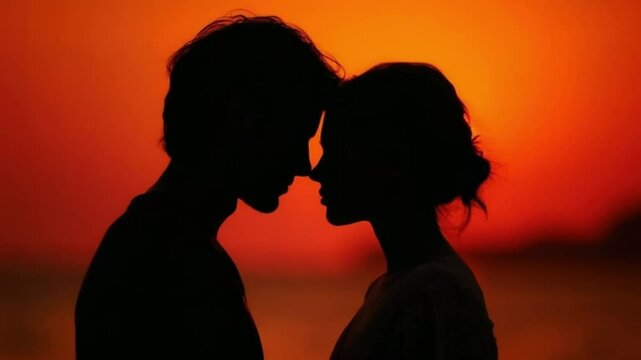 Romantic silhouette of couple touching foreheads at sunset as camera pans slowly from left to right, warm orange sky and shifting light create emotional atmosphere of love and connection, AI generated