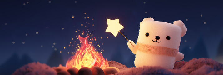 3D marshmallow character with flag sunglasses roasting by firepit