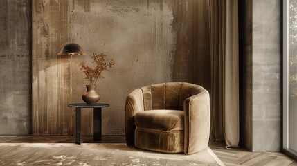 A cozy reading corner with a luxurious armchair in soft velvet, a minimalist floor lamp, and a small side table with a single elegant vase.