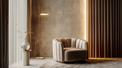 A cozy reading corner with a luxurious armchair in soft velvet, a minimalist floor lamp, and a small side table with a single elegant vase.