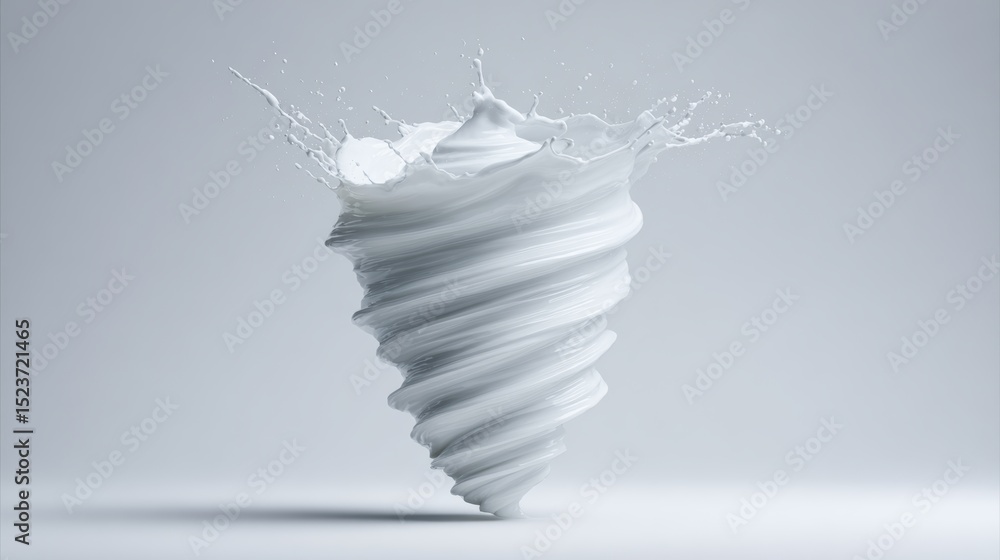 Poster whirling spiral of white cream or paint splashing upward, creating dynamic motion against a soft gra