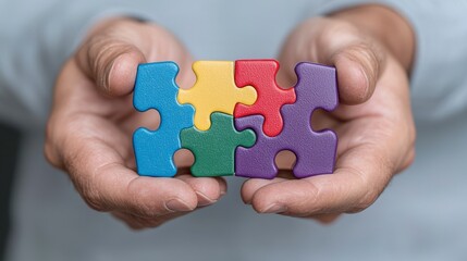 Hands Holding Colorful Puzzle Pieces Symbolizing Collaboration and Unity