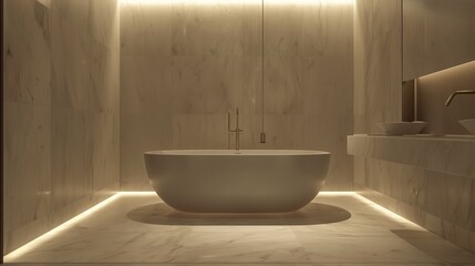 A minimalist bathroom with a freestanding bathtub, soft ambient lighting, and smooth marble surfaces, creating a spa-like atmosphere.
