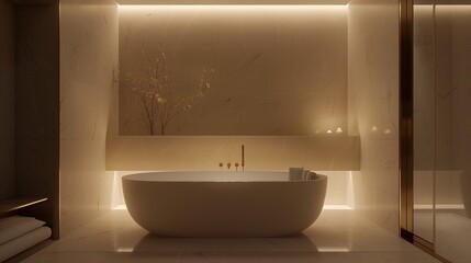 A minimalist bathroom with a freestanding bathtub, soft ambient lighting, and smooth marble surfaces, creating a spa-like atmosphere.
