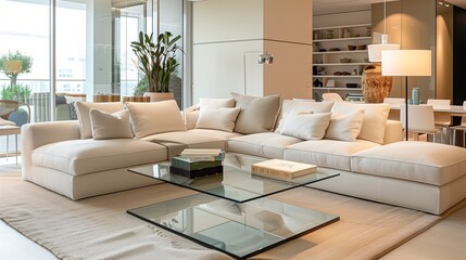 A modern living room with a plush, cream-colored sectional sofa, a glass coffee table, and subtle, elegant decor accents in a minimalist style.