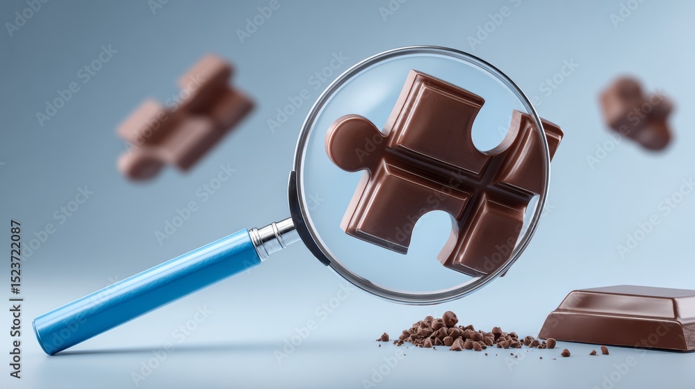 Poster magnifying glass focusing on a chocolate puzzle piece, surrounded by scattered chocolate pieces and 
