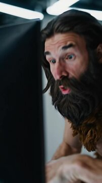 Cro-Magnon man in modern office interacts curiously with tech devices. Stone-age meets screen-age. Humorous clash of eras with clever, cinematic visual contrast