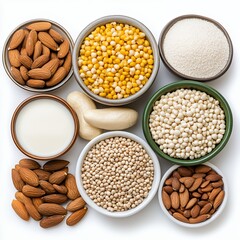 Assorted Nuts and Grains on White Background for Healthy Eating