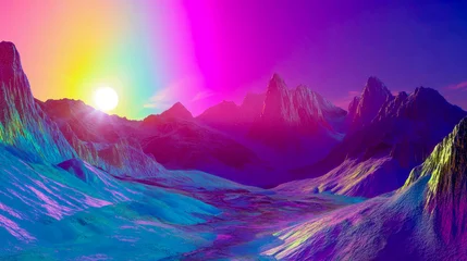 Selbstklebende Fototapeten A majestic crystalline desert displays colorful terrain reflecting rainbow light as the sun sets in the distance. This surreal landscape showcases the alien beauty of a distant world © Konstantin divelook