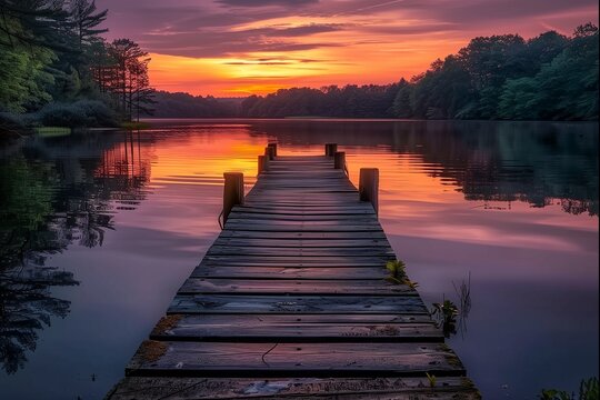 Tranquil sunset over a peaceful lake with a wooden dock leading towards colorful sky reflections