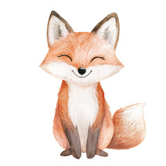 Adorable watercolor fox in soft pastel tones with a fluffy tail. Perfect for nursery decor, children's books, woodland themes, or autumn-inspired illustrations