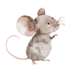 dorable watercolor mouse in soft pastel tones holding cheese. Ideal for nursery prints, children's books, or whimsical woodland-themed projects.