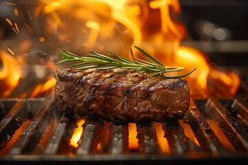Succulent Grilled Steak Sizzling on Open Flame with Sprig of Fresh Rosemary