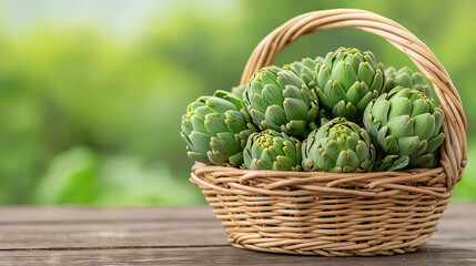 Obraz premium A basket of fresh artichokes on a rustic wooden table against a blurred background.