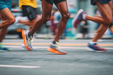Close-up of the feet and legs of multiple runners in motion, running on an asphalt road, with a blurry background, low-angle shot, motion blur