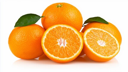 Fresh Oranges with Leaves Displayed on a Plain White Background