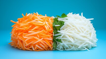 Fresh Grated Vegetables on Blue Background with Cilantro Garnish