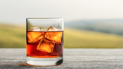 A refreshing glass of whiskey with ice cubes, set against a scenic landscape.
