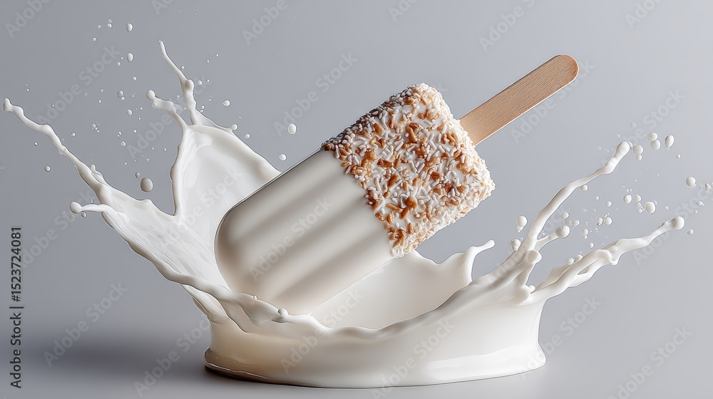 Poster ice cream popsicle coated with crunchy toppings is splashing into a pool of creamy milk, creating dy