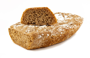 Rustic sliced loaf of rye bread with crumb texture, homemade wholegrain artisan bakery product...