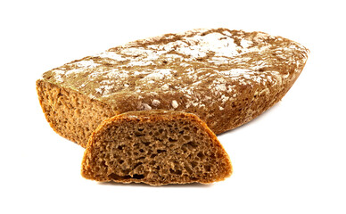 Rustic sliced loaf of rye bread with crumb texture, homemade wholegrain artisan bakery product...